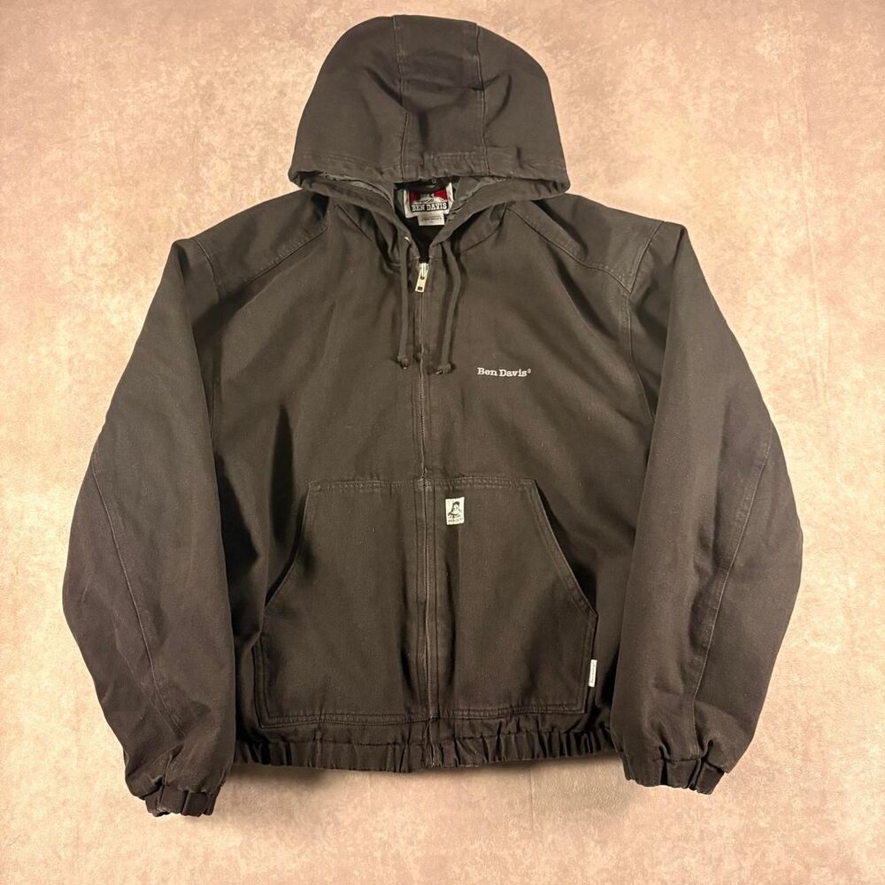 vintage ben davis quilted lined black full zip bomber hoodie